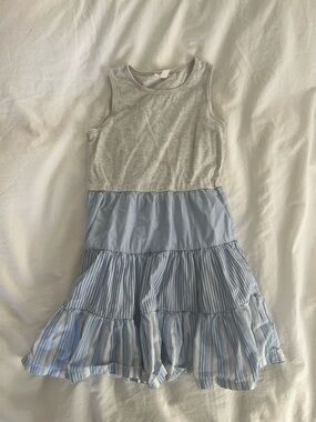 Crewcuts Girls' Sleeveless Grey & Light Blue Striped Tiered Dress, sz S